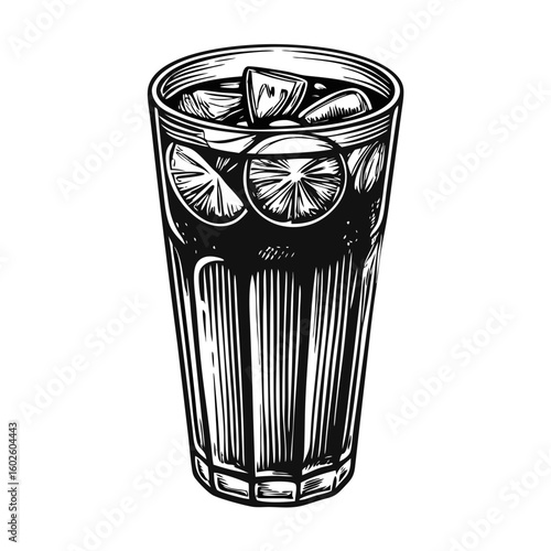 Refreshing tinto de verano, a red wine with soda, served in highball glass with orange slices. Tinto de verano is perfect drink for summer parties, with red wine, soda and ice cubes.
