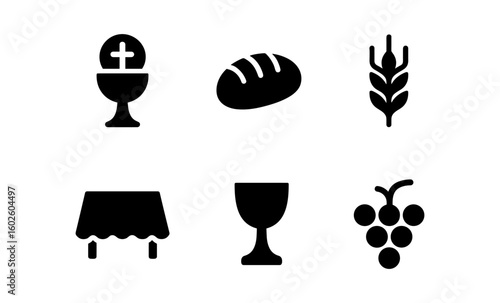 Minimalist religious icons: eucharist, bread, wheat, table, chalice, grapes