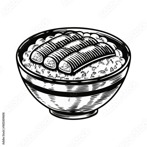 Drawing of unagi don, showcasing grilled eel rice bowl with savory flavors, in detailed line art. This unagi don bowl on rice features traditional japanese cuisine elements,