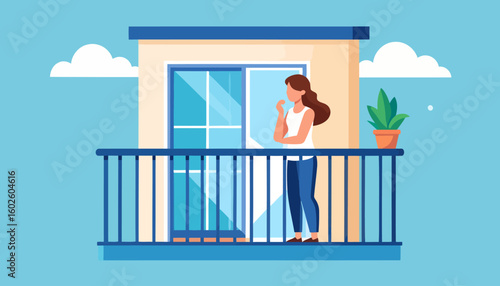 A thoughtful woman with long brown hair standing on a modern apartment balcony in a flat illustration style.
