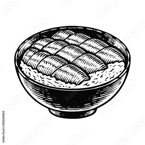 Delicious unagi don with fresh grilled eel rice bowl on white background. This unagi don, a traditional japanese dish, is prepared with tasty eel served over rice.