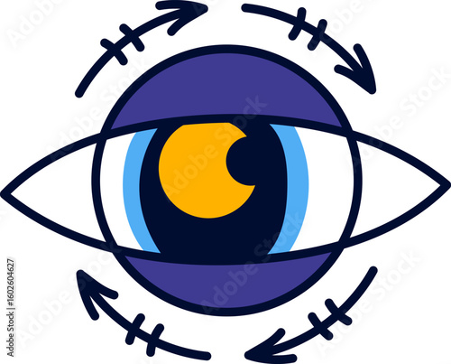 Stylized eye with rotating arrows around it, representing concepts such as vision, perception, observation, point of view, and vigilance in a simple yet effective visual metaphor
