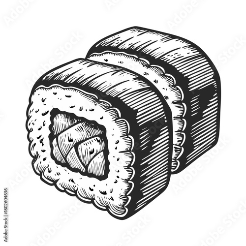 Delicious inside-out roll sketched on white background, traditional uramaki with rice and nori seaweed. Uramaki features savory filling, such as seafood and vegetables.
