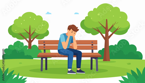 A sad, stressed young man in casual blue clothes sits alone on a bench, holding his head in despair.