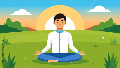 Serene young man with closed eyes meditating in a lotus pose, wearing a white shirt and blue pants.