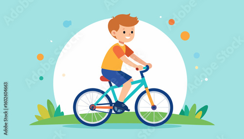Cheerful redhead boy in an orange shirt and blue shorts happily riding a turquoise bicycle.