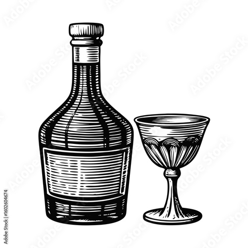 Vermouth bottle and glass presented in elegant monochrome sketch with intricate detailing, creating stylish beverage display. Classic vermouth bottle and glass evoke sophistication,