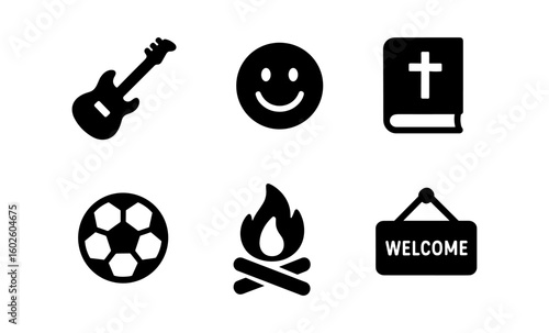 Minimalist icon set of music, smiley face, book, soccer ball, campfire, and welcome sign