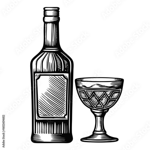 Vermouth bottle and glass illustration shows etched bottle of fortified wine with classic stemware. Vermouth bottle and glass image evokes elegance, sophistication, and classic taste.