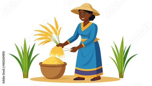 Smiling female farmer in a blue dress and straw hat harvesting golden rice stalks.