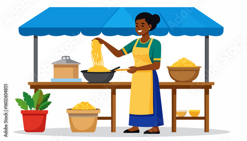 Happy African woman in a yellow apron cooking noodles in a wok at a vibrant blue food stand.