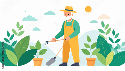 Elderly gardener with a white beard in yellow overalls holding a shovel and fork.