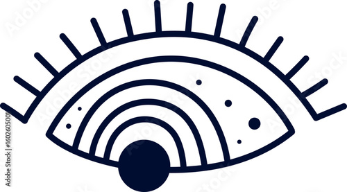 Simple vector illustration of an eye with eyelashes and a rainbow inside, representing vision, dreams, hope, and the beauty of the inner world, ideal for wellness and spirituality projects