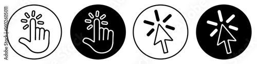 Click here circle icons set. Computer mouse click cursor and click with hand cursor collection.Vector minimalist design