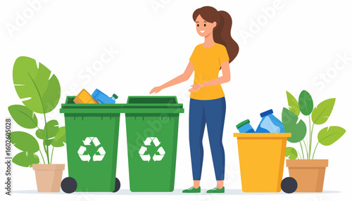 A smiling woman with a ponytail sorts plastic waste into green recycling bins with plants.