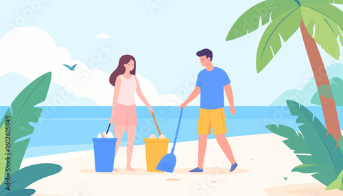 Flat illustration of a young couple volunteering, collecting trash with buckets and tools on a tropical beach.