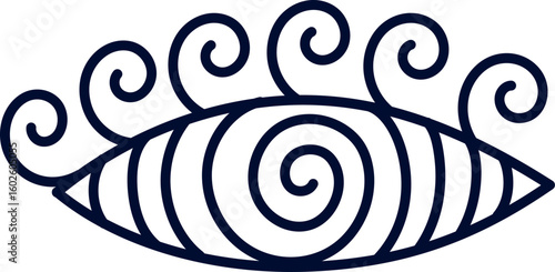 Stylized eye featuring a hypnotic spiral and swirling eyelashes, evoking trance, illusion, dreams, altered consciousness, and themes of spirituality and creativity