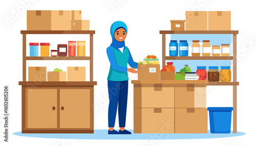Cheerful Muslim woman in a blue hijab and vest organizing supplies in cardboard boxes.