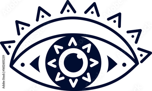 Stylized eye featuring a sun shaped pupil radiating light beams conveys mystical vision and spirituality through minimalist geometric design in dark blue