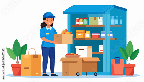 Smiling female volunteer in a blue uniform organizing grocery donations into cardboard boxes at a food pantry.