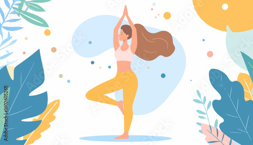 Serene woman with long brown hair practicing the yoga tree pose (Vrksasana).