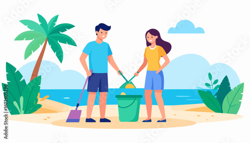 Happy young couple in casual clothes collecting trash with a bucket and dustpans, flat vector illustration.