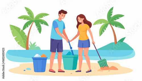 Happy young couple volunteering to clean up a sandy tropical beach, collecting trash in buckets.