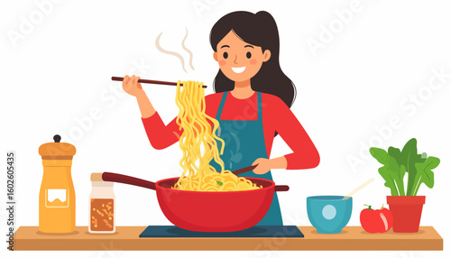 A cheerful woman with a ponytail cooking steaming yellow noodles in a red wok using chopsticks.