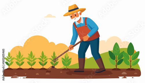 Smiling senior farmer with a white beard in a straw hat and overalls, tending to young plants with a hoe.