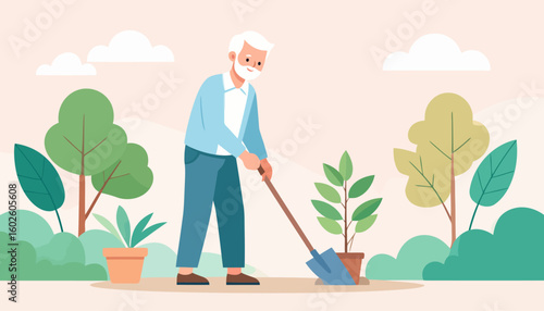 Cheerful elderly man with a white beard planting a sapling with a shovel in a garden. Flat vector illustration style.