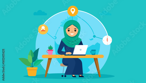 Smiling Muslim woman in a green hijab and blue abaya working on a laptop at a wooden desk.