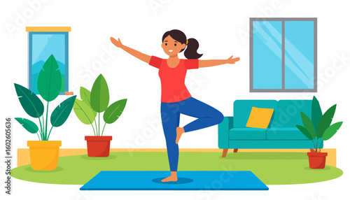 Smiling woman with a ponytail in a red shirt and blue pants, balancing in a yoga tree pose.