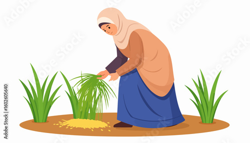 A smiling Muslim woman in a hijab and traditional clothing carefully planting young rice shoots.