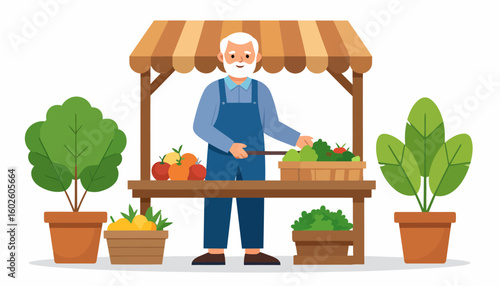 Friendly senior farmer with a white beard at a local market stall selling fresh fruits and vegetables.