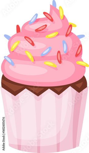 Pink cupcake adorned with colorful sprinkles, sitting temptingly at a birthday party or any festive celebration, ready to bring joy and sweetness to the occasion
