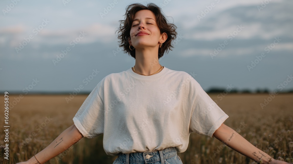 A serene woman stands in a field, eyes closed, feeling tranquility and freedom under the open sky. A serene woman stands in a field, eyes closed, feeling tranquility and freedom under the open sky.