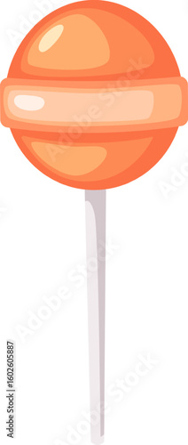 Sweet round orange lollipop with white stick isolated on white background representing sugary treats, childhood memories, and the joy of simple pleasures