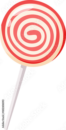 Red and white swirl lollipop candy resting on a white stick against a clean white background, evoking feelings of sweetness, delightful treats, and joyful childhood memories