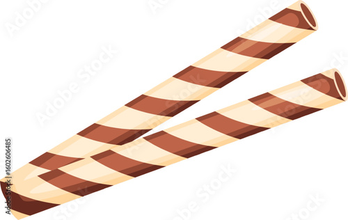 Two delicious crispy wafer rolls covered with chocolate and cream stripes are lying on a white background, creating a sweet and tempting treat