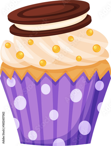 Purple cupcake wrapper adorned with white polka dots, holding a sponge cake topped with vanilla cream, yellow sprinkles, and a chocolate cookie, creating a tempting treat