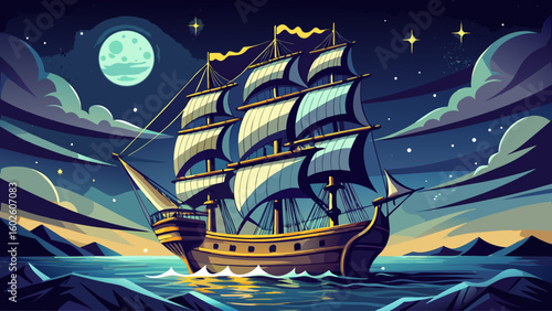 A historic tall ship rigged with sails silhouetted against a starlit night sea, faint moonlight reflecting on gentle waves