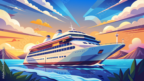 A sleek modern cruise ship gliding across calm ocean water with sunlit clouds above, rendered as clean vector illustration