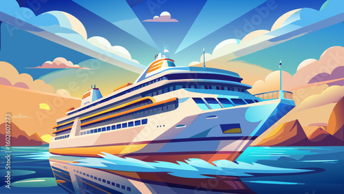 A sleek modern cruise ship gliding across calm ocean water with sunlit clouds above, rendered as clean vector illustration