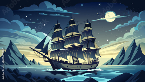 A historic tall ship rigged with sails silhouetted against a starlit night sea, faint moonlight reflecting on gentle waves