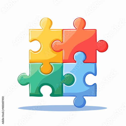 Colorful interconnected jigsaw puzzle pieces forming a cohesive whole on a white background representing teamwork and solutions