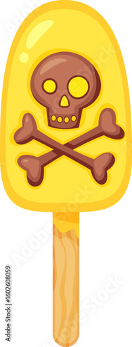 Yellow popsicle with skull and crossbones, representing a dangerous or poisonous ice cream, ideal for conveying concepts of food safety, unhealthy eating habits, or Halloween treats