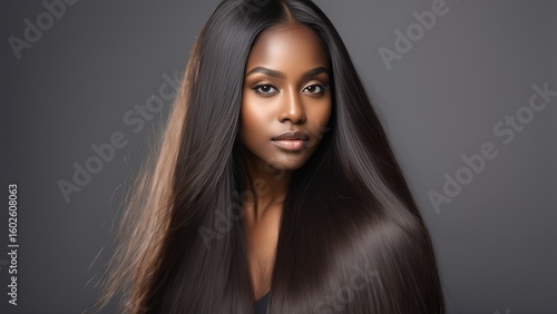 Beauty Portrait of a black woman with long curly brown hair. Makeup. African American model close up. Closeup portrait woman hair care copy space. Isolated. Studio shot. Peach background