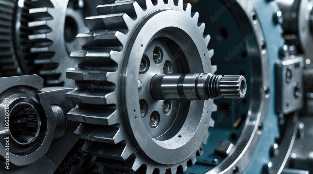 Close-up of a metal gear mounted on a blue frame with mechanical components in the background — a portrait of engineering precision and reliability Close-up of a metal gear mounted on a blue frame with mechanical components in the background — a portrait of engineering precision and reliability