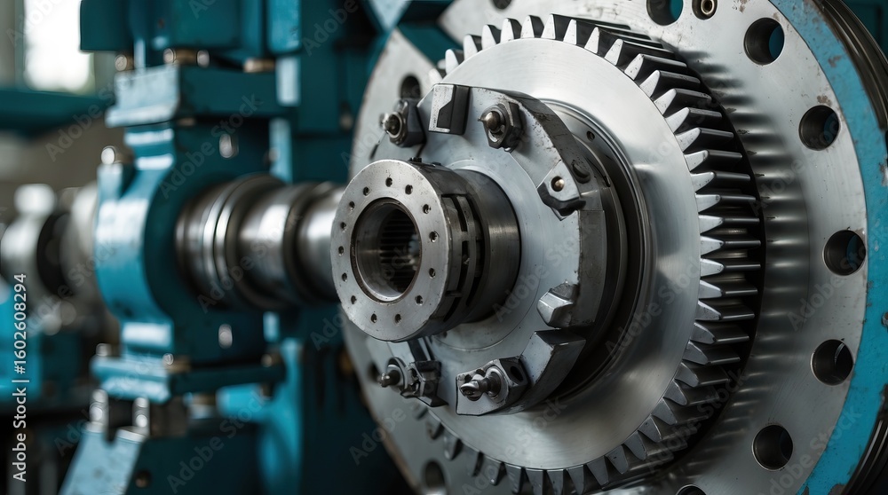 Close-up of a metal gear mounted on a blue frame with mechanical components in the background — a portrait of engineering precision and reliability Close-up of a metal gear mounted on a blue frame with mechanical components in the background — a portrait of engineering precision and reliability
