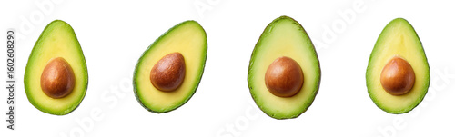 Avocado halves with seeds shown. Fresh food, healthy eating, vegan diet, nutritious, delicious, organic, superfood, wellness, vitamins
